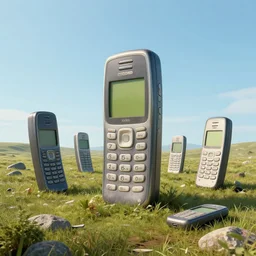 isolated landscape roamed by the remains of what once were giant mobile phones, 4k, detailed illustration