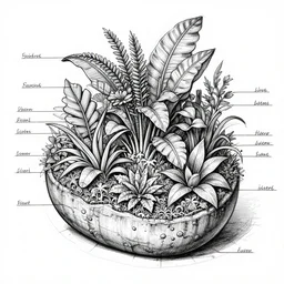 annotated highly, detailed and intricate, sketch of a pod full of plants, marker concept art style rendering, concept art, half blueprint, trending on artstation, intricate details, center frame, annotations