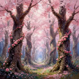 cherry blossom jungle with rose petal vines swirling around tree trunks, by shigenori soejima, by frank frazetta, digital painting masterpiece, beautiful brush strokes, advanced lighting technology, symmetry!!!
