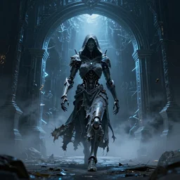 character and environment design, ( ( biomechanical ) ) arcanist walking through a magic portal, tattered!!! robe and hood, blue light, fog, scary, arrogant, hostile, photorealistic, cinematic, hyper realistic, octane render, 8 k, wide angle
