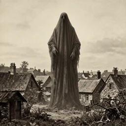 scary unproportionable tall ghost creature in the middle of a village, 1900s picture
