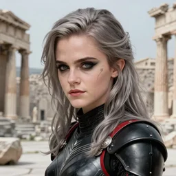 light grey hair portrait of emma watson as knights of zodiac girl + smoky eyes, matt black / little red color armor, in ruined agora of athens, ssci - fi and fantasy, intricate and very very beautiful and elegant, highly detailed, digital painting, artstation, concept art, frostbite engine, smooth and sharp focus, illustration, art by tian zi and wlop and alphonse mucha