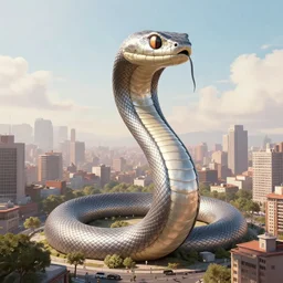a giant metallic snake over a city, digital art, realistic, artstation, soft colours, cinematic