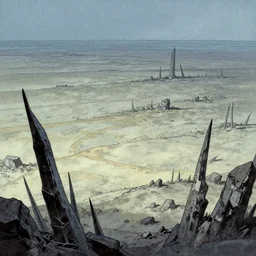 flat wastelands, sharp rock spikes, greg rutkowski, brom, james gurney, mignola, craig mullins, alan lee