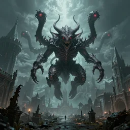 a beholder from dungeons and dragons floating above a medieval fantasy city, eldritch horror, eyestalks