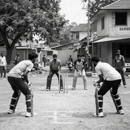 four guys playing a game of cricket, on an indian street, award winning image, national geographic, dslr 3 0 mm image, black and white, wow, gorgeous
