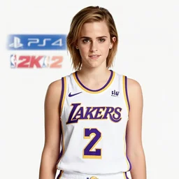 emma watson wearing a lakers jersey in nba 2 k 2 2, ps 4, promotional image