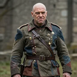 a middle aged half - orc wearing a patchwork military uniform jacket with cut sleeves and many charms and baubles worked into the fabric, with an upturned collar. his arms bear rune tattoos, thin fangs show through his lower jaw with a bemused smile. blue grey intelligent eyes. 1 9 th century style