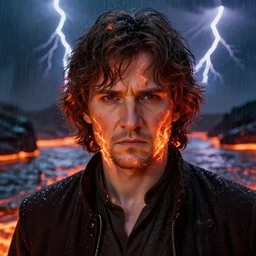 an ultra realistic, cinematic, headshot portrait, of anakin skywalker, fire, facial features, background of a lava river, with rain and lightning, detailed, deep focus, movie still, dramatic lighting, ray tracing, by michal karcz and yoshitaka amano