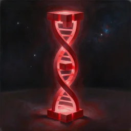 detailed realistic geometric painting a red glowing cuboid double helix portal emitting light in the cosmos stacked like jenga symmetry by alex grey h 6 4 0