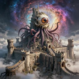 dragon skull eyeball tentacle castle in the beautiful nebular vortex realm, detailed nouveau architecture, massive ramparts, grim battlements and brutal bulwarks, realistic infrastructure and construction, by greg rutkowski, mike mignola and artstation, epic exciting atmosphere, clouds, photorealism, complex color scheme, uhd