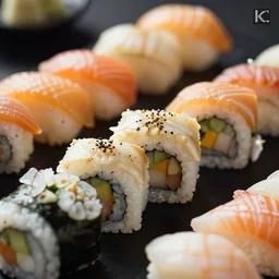 close up of table spread of sushi, detailed, highly detailed, hd, 4 k, sharp, clear, high res, high quality, cinematic, 2 point studio lighting,
