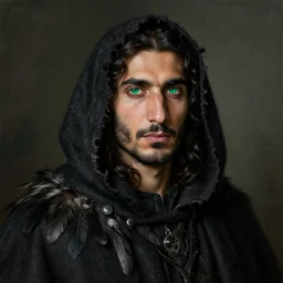 emerald eyes, portrait painting of a middle eastern man with shoulder length hair wearing a tattered black cloak with feathers and a coat, sharp focus, award - winning, trending on artstation, masterpiece, highly detailed, intricate. art by rebecca guay