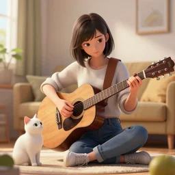 highly detailed digital art, a girl playing guitar beside cat, living room, cg society, artstation, coherent, octane render, comic book