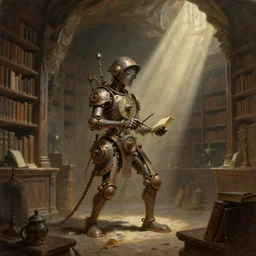 rusty clockwork caretaker of an ancient library, masterful detailed fantasy oil painting with shafts of dusty sunlight in a cavernous space. super wide - angle shot, really just gorgeous.