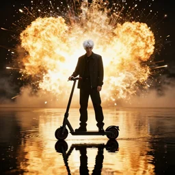 scooter band member baxxter with white hair standing in water with explosion in background, full body, reflection in water, volumetric lighting, golden ratio