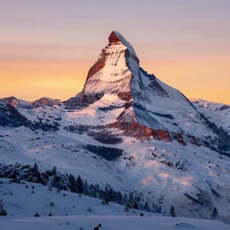 an abstract representation of the matterhorn in winter, sunset, artstation, by picasso