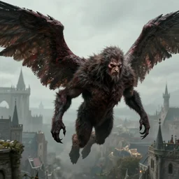 sinister male, concept art, horror, body is covered in fur, he has large wings, he flies over a mideval city, octane render, realistic shaded, perfect face, 8 k, realistic, hyper detailed, artstation, art by michael whelan