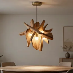 a designer lamp for the living room, hanging from the ceiling, one meter above the table, made from pieces of wood and 3 led lights, intricate, organic design, elegant, 3 d print, hyperrealistic, 8 k