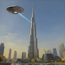 a UFO attacking with a laser the Burj Khalifa, realistic painting, classical painting, high definition, digital art, matte painting, very detailed, realistic