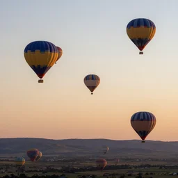 hot air balloons, sunset, beautiful landscape, wide angle