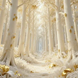 a beautiful forest made of ivory and gold, highly intricate, digital art, very detailed, in the style of a flemish painting