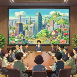 a wholesome animation key shot of a conference room full of executives and large screen like a board room in skyscraper by studio ghibli, nicoletta ceccoli, mark ryden, lostfish, max fleischer, detailed and intricate environment, bloom, 8 k resolution, hyperrealistic, octane render, vivid colors, bright, cheerful, detailed and intricate environment