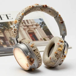 realistic product photo of a headphones designed covered in shriveling dead semi - translucent iridescent coral reef, emitting aura, the lighter is designed by dieter rams, 1 9 6 0, life magazine photo, natural colors, metropolitan museum, kodak, 8 k, very detailed, high resolution, product photo,