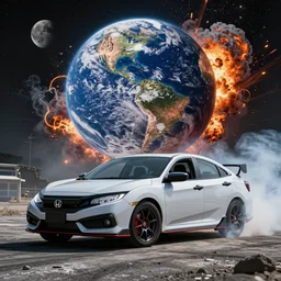 honda civic doing a burnout on the moon, with the earth exploding in the background