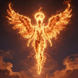 photo of angelic fiery alien, humanoid alien made of fire, wings of fire, halo of fire, body of pure fire, surreal, ethereal, divine, surrounded by flames, descending from the heavens, cinematic, dramatic, sublime, wide angle, photographic, realistic, 8 5 mm lens