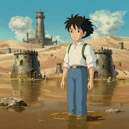 cartoon from howl's moving castle ( 2 0 0 4 ) of a beautiful flooded desert prison, hq, depth of field.
