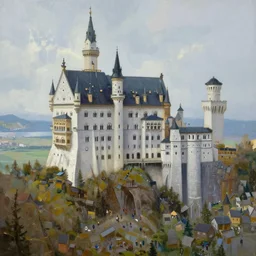 a light oil painting of a magnificent light grey high fantasy castle on top of a mountain. below is a bustling town filled with people, artstation, rainy weather