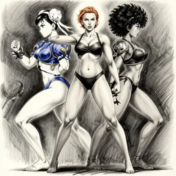 most strongest pose, scarlett johansson as baki with perfect symmetrical anatomical proportions, chun li, battle angel manga, afro samurai animes style, by greg rutkowski, pencil and ink, dramatic lighting, full body dramatic profile, swim suite, ms america