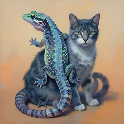 painting of hybrid gecko and cat fused together, intercrossed animal, by zdzislaw beksinski, by lewis jones, by mattias adolfsson, cold hue's, warm tone gradient background, concept art, digital painting