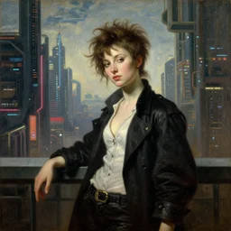 punk girl in a cyberpunk city, oil painting by canaletto hieronymus bosch leonardo da vinci