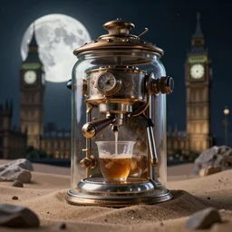 coffee machine inside a steampunk glass jar, full moon buried in sand, intricate detail, hyper detailed, ultra realistic, sharp focus, octane render, lantern, volumetric, ray tracing, artstation trending, big ben on the moon, cgsociety, sense of awe, mystical, moon, 4 k