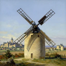 long shot of a windmill, in a distance medieval french landscape, carcassonne, city of carcassonne in the background, by stanley artgerm lau, wlop, rossdraws, frank frazetta, andrei riabovitchev, marc simonetti, tranding on artstation