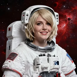 highly detailed portrait of a hopeful pretty astronaut lady with a wavy blonde hair, by Eddie Campbell, 4k resolution, nier:automata inspired, bravely default inspired, vibrant but dreary but upflifting red, black and white color scheme!!! ((Space nebula background))