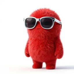 3 d render of completely red hairy friendly antropomorphic simple creature wearing chrome shades, without nose, full body, in the style of pixar, white background, unreal engine 5, octane render, highly detailed hdr