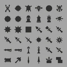 game asset sheet, material study, 2 d sprite, weapons