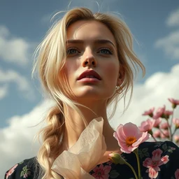 close - up fashion blonde woman portrait airy flowers cloudy sky art by evan monteiro