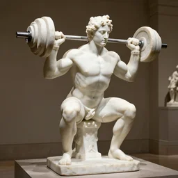 white muscular marble statue doing squats, heavy weights, museum, portrait lighting