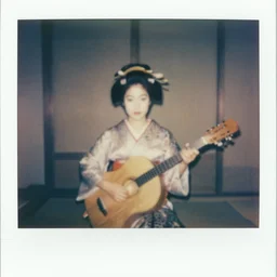 1970s polaroid of a female Japanese folk musician, hazy, faded