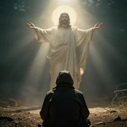god appearing to a homeless man, god rays, 8 0 0 mm, from back