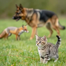 a kitten looking at a string in the foreground, a german shepard hunting a fox in the background