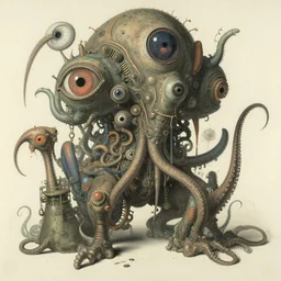 complex alien technology in the form of a strange creature, with many eyes, tentacles and strange appendages by jean - honore fragonard and yasuo kuniyoshi, style of narrative realism