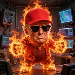 character art by ruan jia, donald trump wearing wayfarer glasses and red baseball hat, on fire, fire powers, room filled with wiring and electronics with monitors