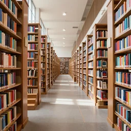 A colorful picture, indoor scene of a library, endless hallways and bookshelves, stairs, ultra-wide shot, detailed, trending on artstation, light effect, unreal engine 5