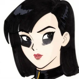 female macro fhead shot from batman animated series, flat ink sketch by carl barks