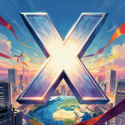 an epic comic book style painting of the uppercase letter x towering over the world, the letter x, giant font, massive lettering, future tokyo cityscape with ribbons, colorful banners and ribbons, cursive ribbons across the sky, trending on artstation, dynamic lighting